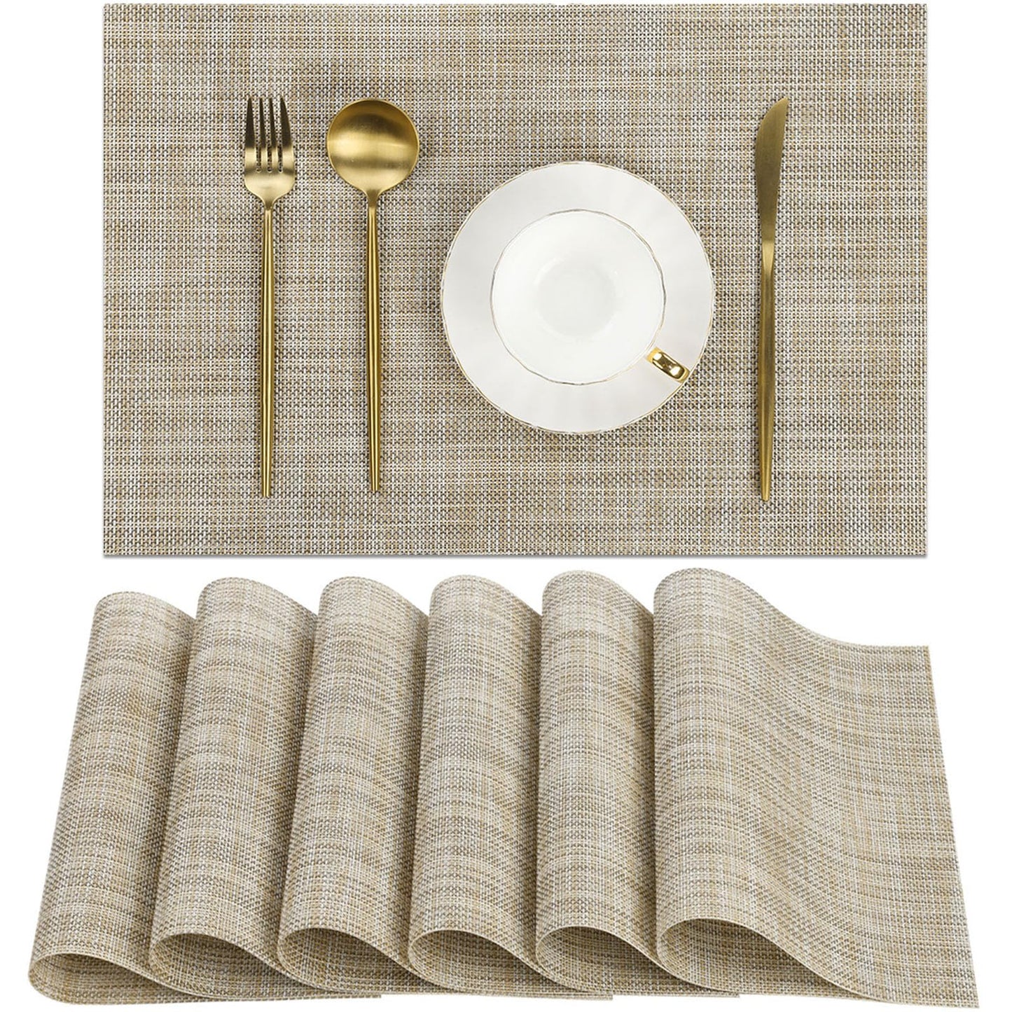 SHACOS Placemats Set of 6 Woven Vinyl Place Mats Wipeable Heat Resistant Stain Resistant Table Mats Indoor Outdoor, Beige