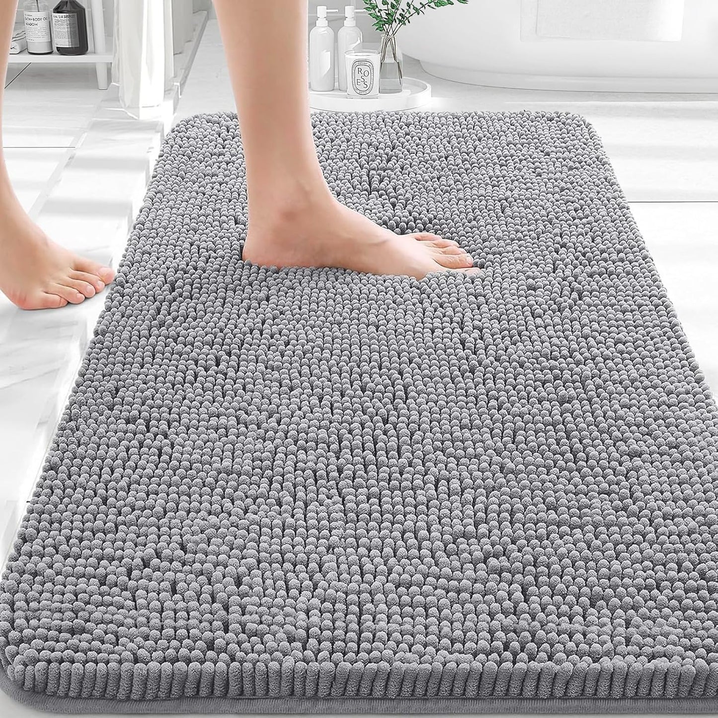 OLANLY Bathroom Rugs - Extra Soft Chenille Bath Mats with Rubber Backing | Quick Dry, 30x20, Grey