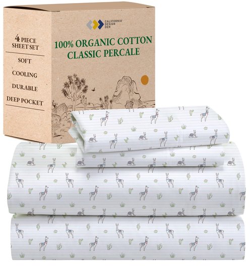California Design Den Printed Queen Size Bed Sheet Set, 100% Organic Cotton Percale Sheets, Deep Pocket Queen Sheets & Pillowcase Set - Llama