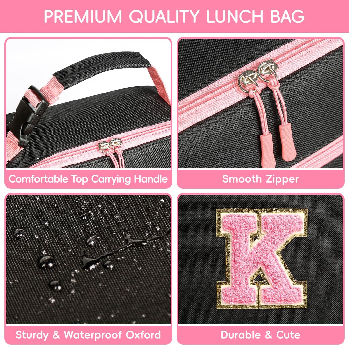 WOBAGMEN Initial Lunch Box for Women Girls,Insulated Lunch Bag with Monogram Letter,Cute Personalized Thermal Lunch Box for Teens Kids Adult for Work Camping Back to School Gift (pink, K)