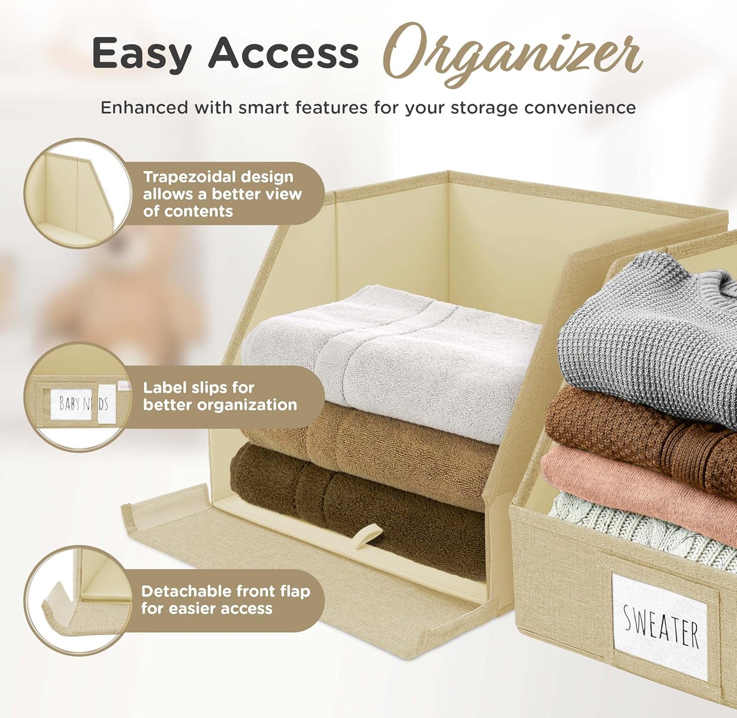VIVIDECOR Trapezoid Storage Bins - 3-Pack Foldable Fabric Organizers for Closet & Shelf (Beige)