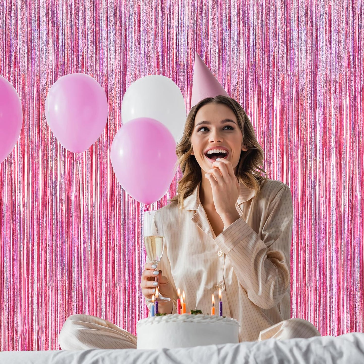 Skiennix Glitter Pink Backdrop - 2 Pack Laser Pink Fringe Curtains | 3.28 FT x 7.05 FT Birthday Party Decorations