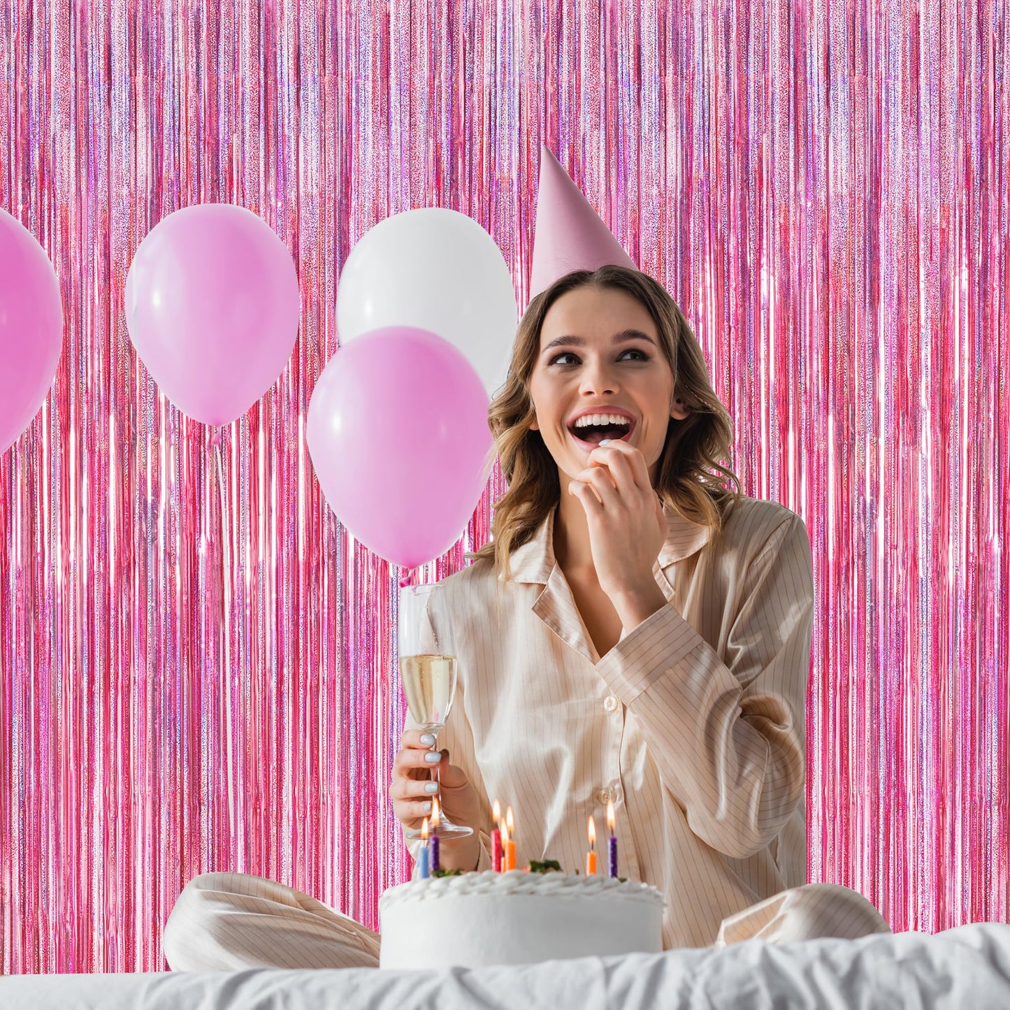 8 Pack Pink Backdrop, 3.28 FT x 7.05 FT Fringe Curtains, Metallic Glitter Pink Fringe Party Streamer Foil Curtains Tinsel Backdrop, Pink Decorations Bachelorette Valentines Day Party Supplies