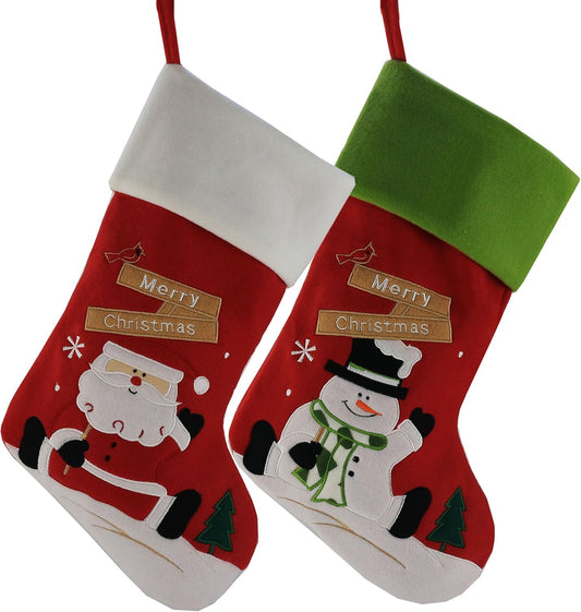 Classic Christmas Stockings Set of 2 - Santa & Snowman 17-Inch Holiday Decor