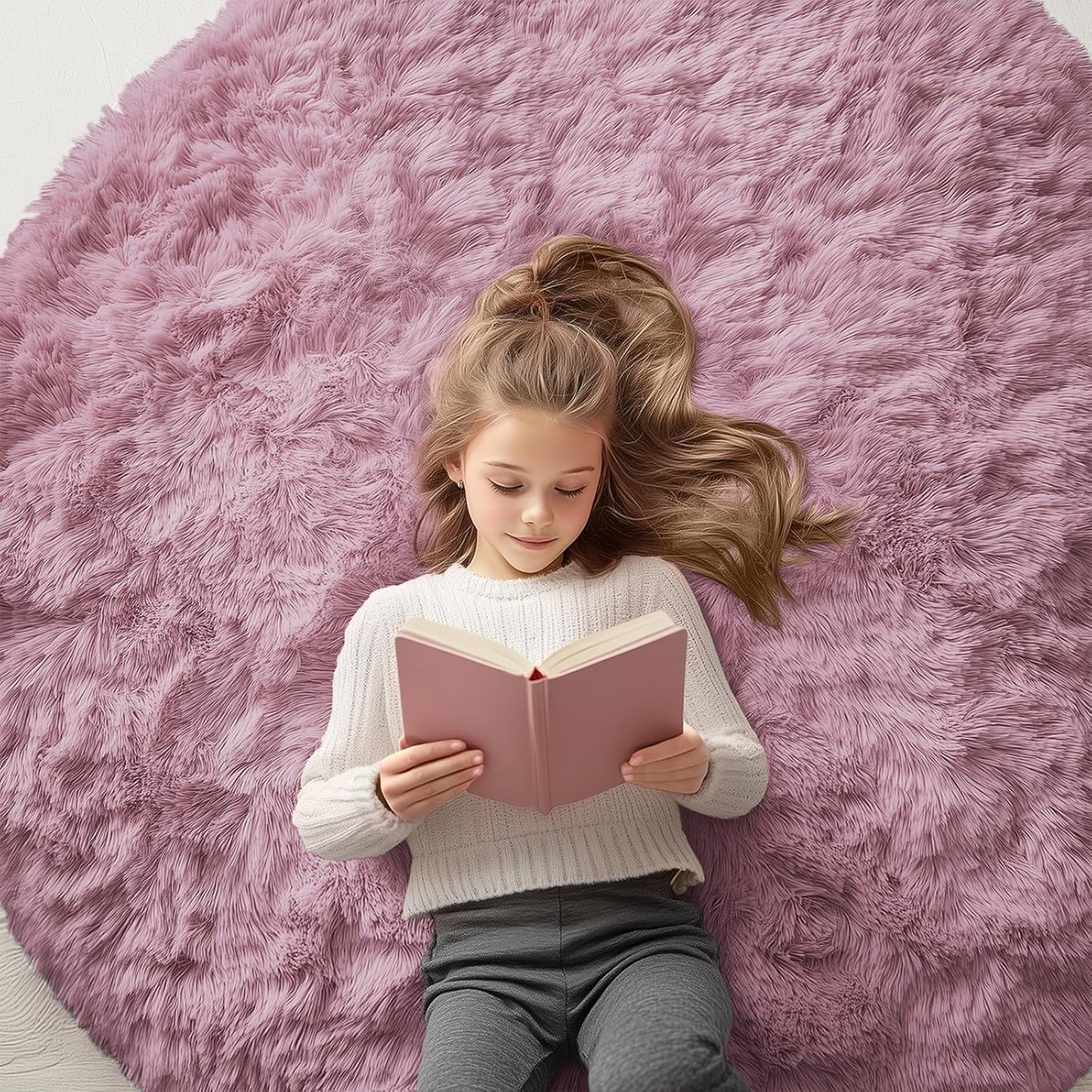 OLANLY Blush Round Area Rug - Soft, Fluffy 5 ft Circle Carpet for Bedroom, Living Room, Nursery Decor