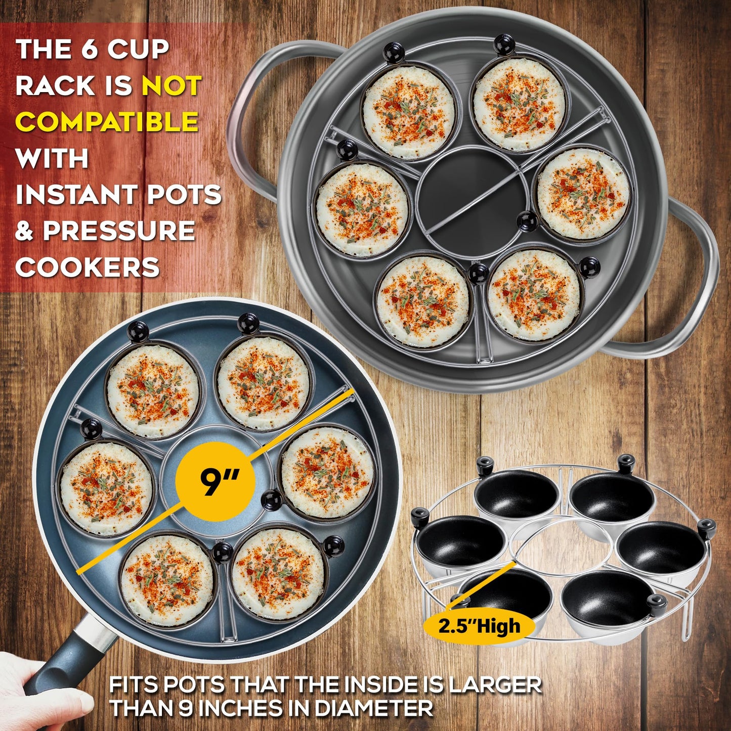 Eggssentials Egg Poacher Insert Stainless Steel Poached Egg Cooker Eggs Poaching Cup PFOA Free Egg Poachers Nonstick, 9 inches Rack, 6 Poached Cups
