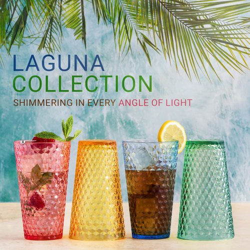 Bravario Laguna Plastic Drinking Glasses, Premium Quality Durable BPA-Free Water Tumblers, Dishwasher-Safe, Stackable Cups in Assorted Colors, 18 oz Set of 6