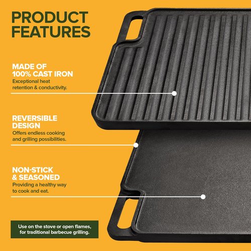 Cast Iron Griddle/Grill Reversible Combo Set + Protective Mitts, Grill Press & Scraper- Pre-seasoned Indoor & Outdoor gas Stove Griddle- Stovetop, Camping or Home Cooking Non-Stick Griddle Pan