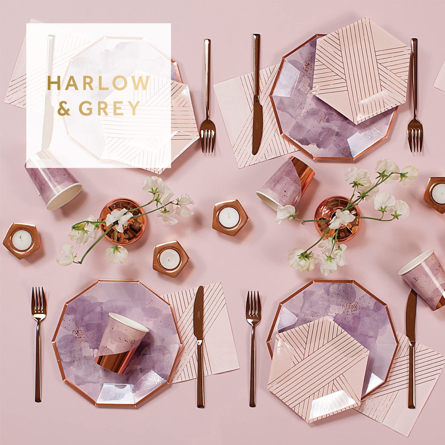Harlow & Grey Amethyst Large Party Plates Set, 24 Ct Pack, 9.75” Elegant Disposable Paper Dinnerware Supplies for Birthday, Wedding, Shower, Anniversary, Holiday, Purple Watercolor & Rose Gold