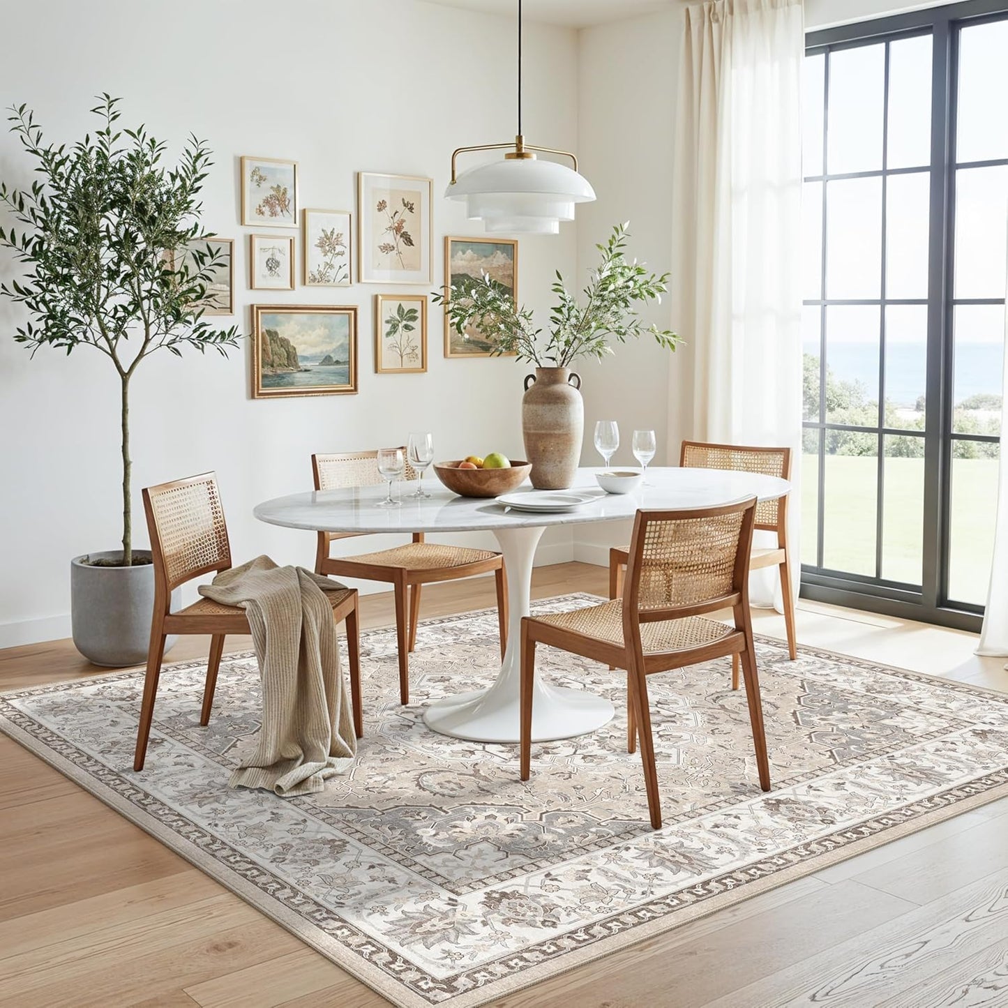 Skiennix 6ft Square Area Rug - Washable Oriental Design | Non-Slip, Water-Resistant, Beige 6x6 Carpet