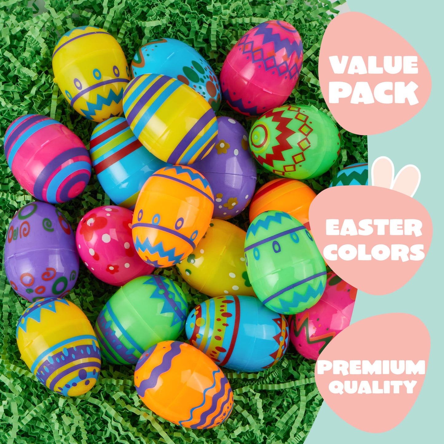 JOYIN 72PCS 2.3" Printed Empty Colorful Plastic Eggs Fillable, Bright Plastic Eggs Bulks for Festival Hunt, Filling Treats, Party Favor, Basket Stuffers, Classroom Prize Supplies