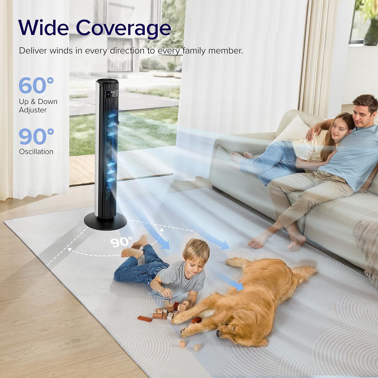 LEVOIT Smart Tower Fan - 42 Inch Bladeless Design with Quiet 26ft/s Velocity | 12 Speeds, 4 Modes, Alexa Compatible
