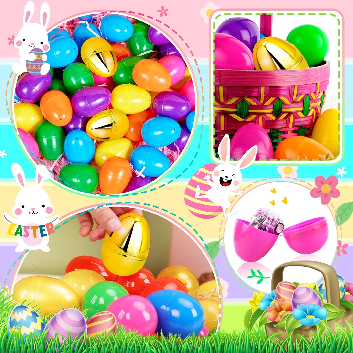 OCTERIC 304Pcs Easter Eggs, 2.3" Fillable Colorful Mix Gold Plastic Easter Eggs Empty for Easter Hunt, Easter Basket Stuffers, Party Favor, Classroom Prize Supplies