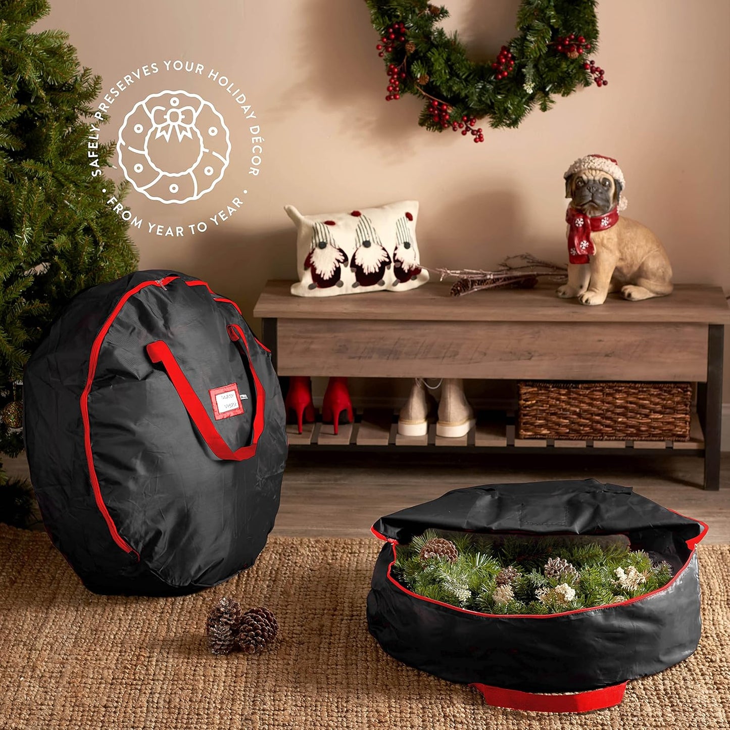 ZOBER 24-Inch Oxford Christmas Wreath Storage Container - Waterproof Dual Zipper Bag with Durable Handles - Black
