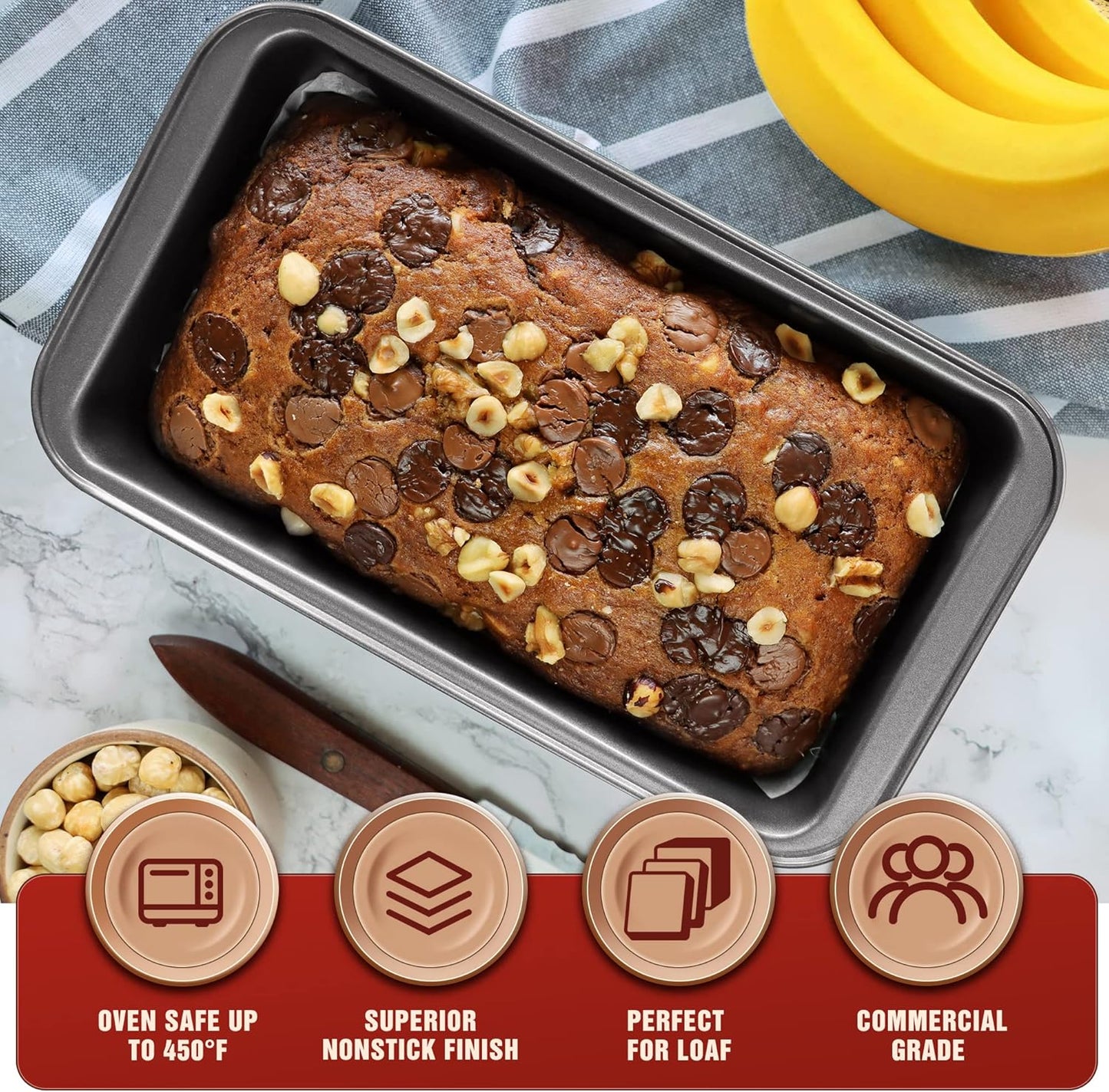 KITESSENSU Carbon Steel Nonstick Loaf Pan - Easy Grip Handles for Baking Bread & Cakes | Set of 2, Gray