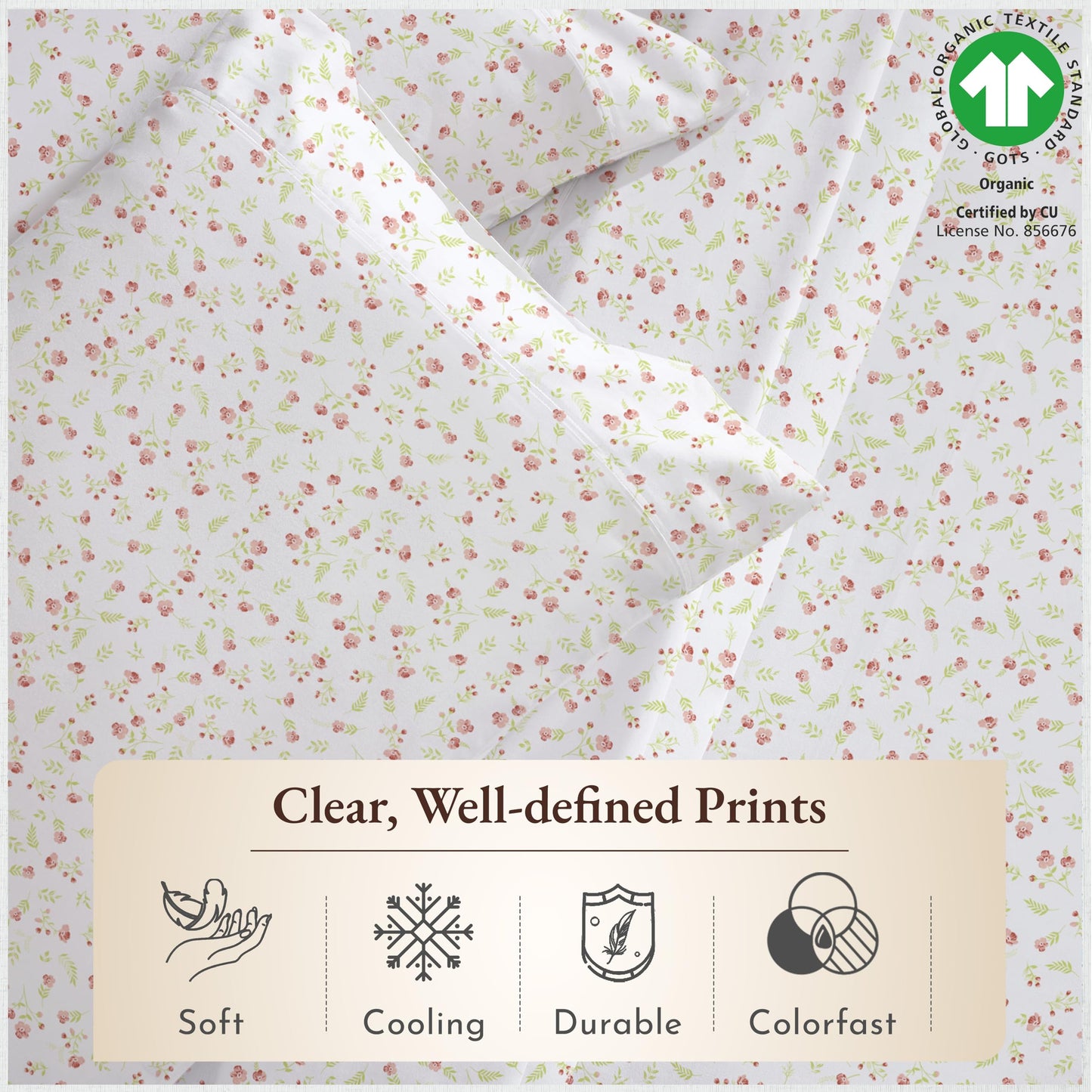 California Design Den Full Sheet Set Floral, 100% Organic Cotton Percale Sheets, Deep Pocket Full Sheets & Pillowcase Set - Floral