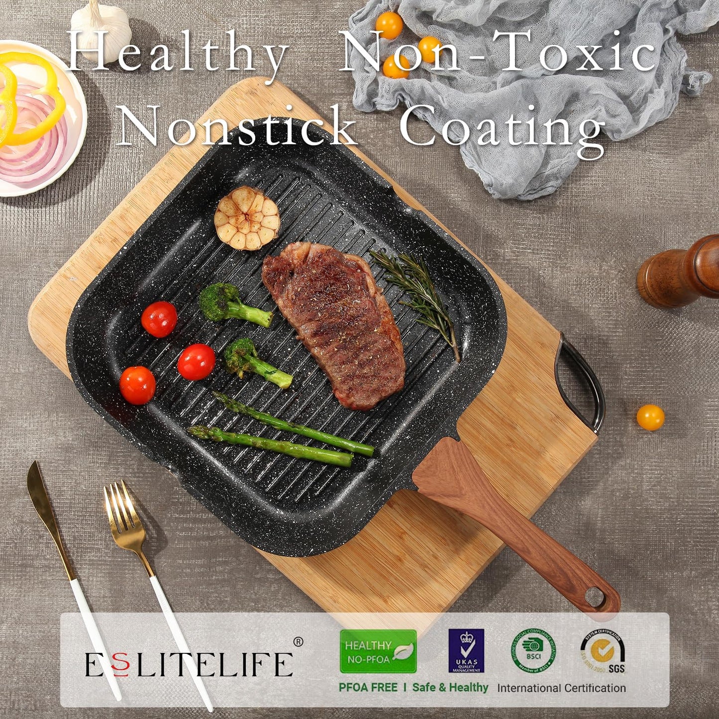ESLITE LIFE 9.5 Inch Nonstick Grill Pan with Lid for Indoor Cooking, Versatile Induction Square Large Grilling Skillet Steak Pan for Stove Tops, PTFE & PFOA Free, Black