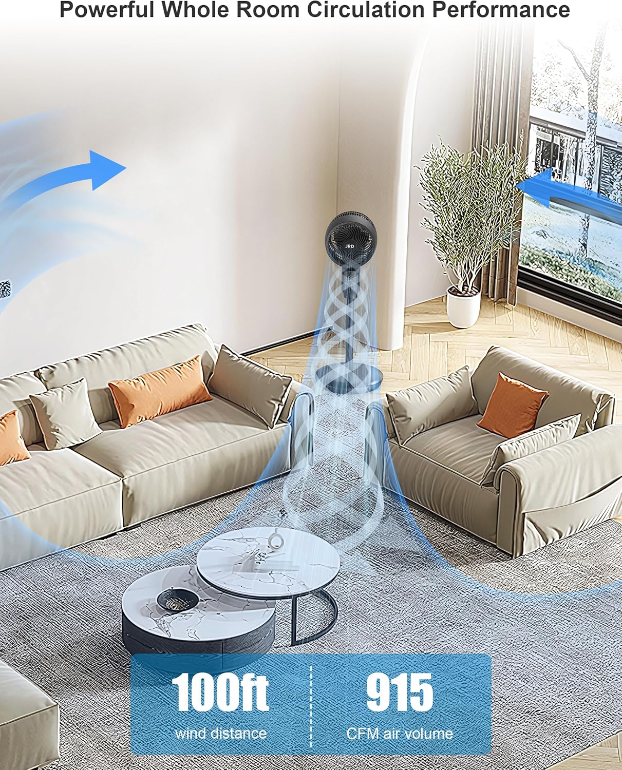 JRD Oscillating Floor Fan - Quiet 70° Pedestal Fan with 6 Speeds & Remote Control | Adjustable 19-38" Height