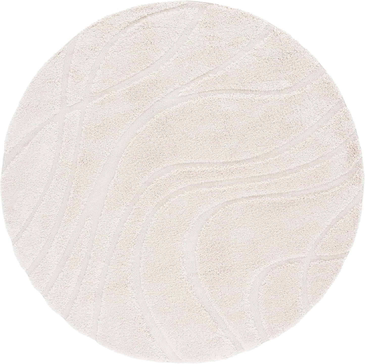 SAFAVIEH Florida Shag Collection 4' Round Cream / Cream SG471 Abstract Wave Non-Shedding Living Room Bedroom Dining Room Entryway Plush 1.2-inch Thick Area Rug