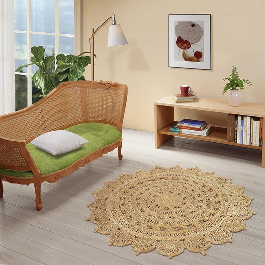 GRUHUM Handwoven Jute Area Rug 4 feet Round Natural Fiber Boho Soft Braided Rustic Vintage Beige Reversible EcoFriendly Rugs Farmhouse Indoor Kitchen Bedroom Living Room Hallways (4'Round)