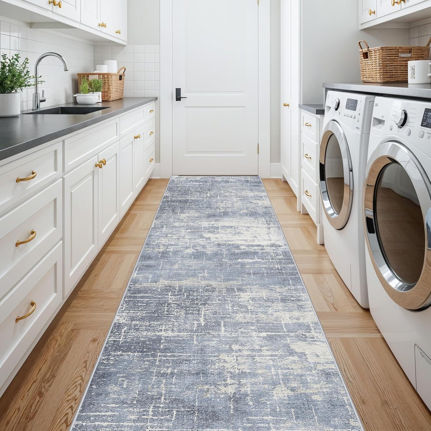 Skiennix Washable Abstract 14ft Runner Rug - Non-Slip Low-Pile Soft Carpet for Entryway | Blue/Ivory