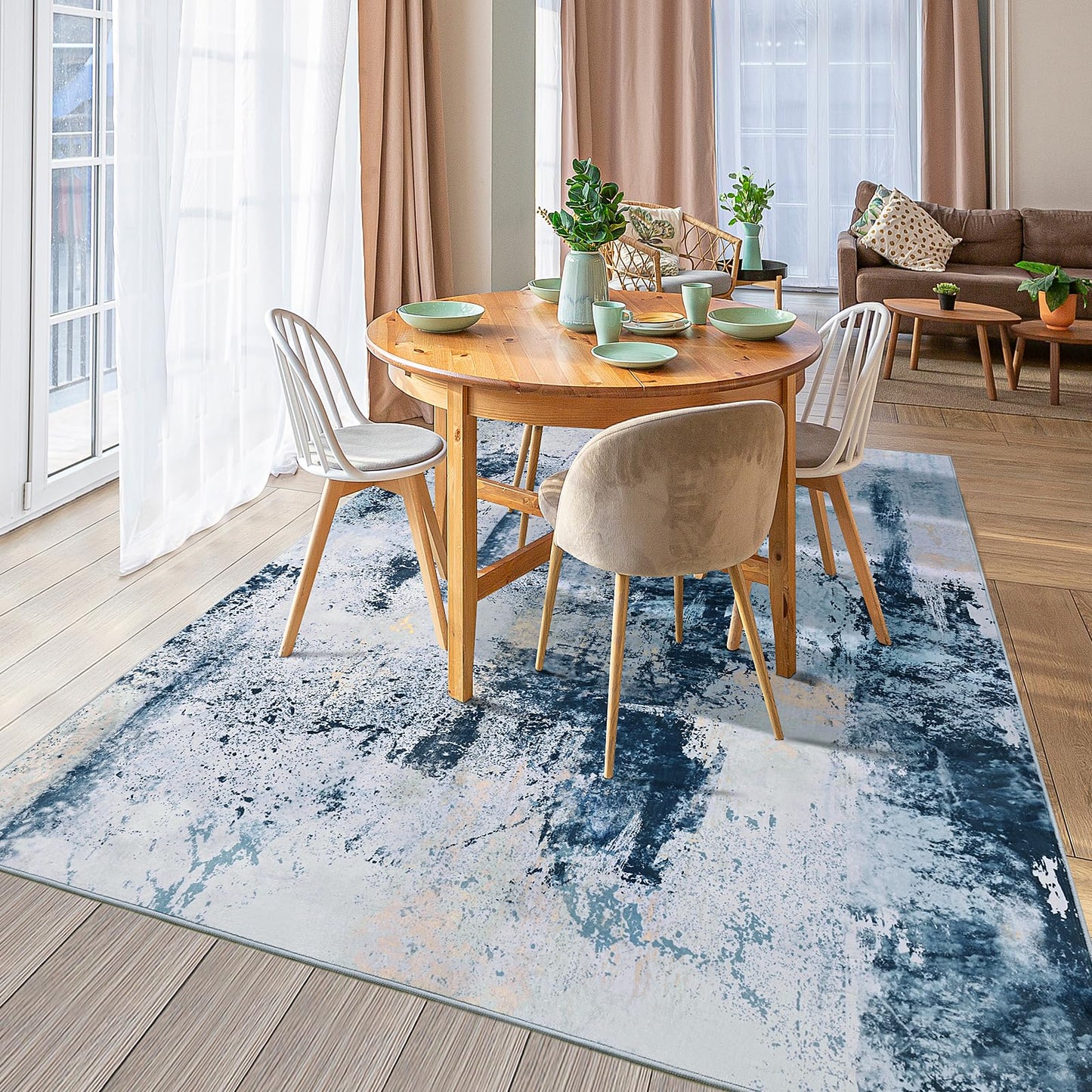 Macgace Modern Abstract Rugs for Living Room, 5'x7' Machine Washable Area Rug with Non Slip Backing for Bedroom, Soft Floor Covering Contemporary Carpet for Dining Room Kitchen Home Office, Blue