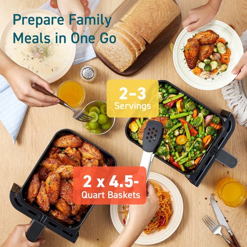 COSORI Dual Air Fryer 9Qt – 10-in-1, Fresh Balanced Meals for Family and Children with Double Baskets, Sync Cook & Finish to Bake, Roast, Reheat, Broil & 130 Recipes for Easy Cooking, Dishwasher Safe