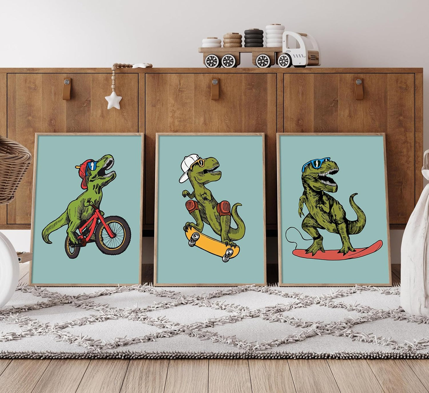 Skiennix Funny Dinosaur Nursery Canvas Wall Art - Surfing & Skateboarding Design | Perfect for Boys' Room Decor