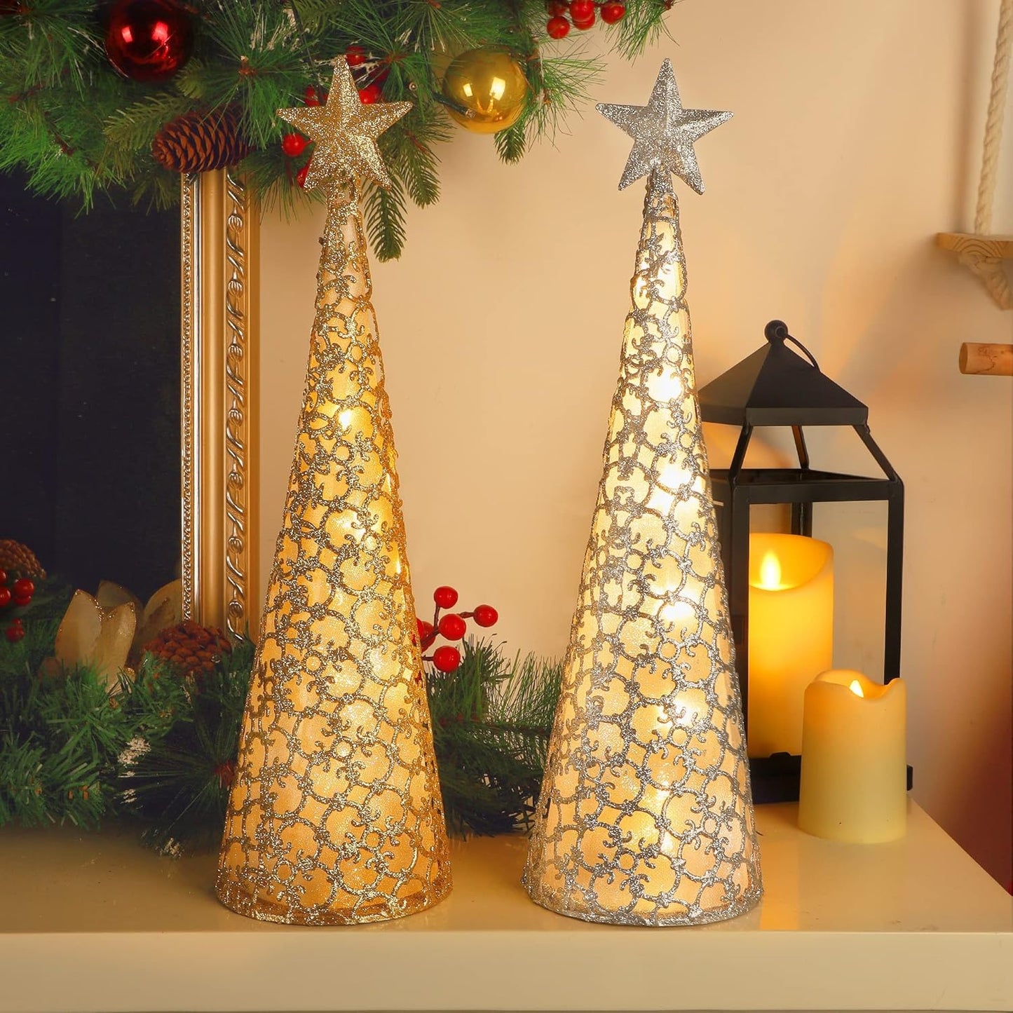 Juegoal Lighted Christmas Table Decorations - Star Design with 10 LED Lights | Set of 2 (Gold & Silver)