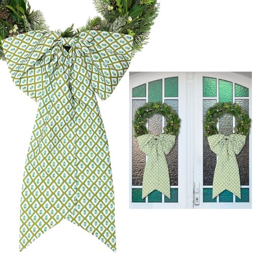 HunnmingRe Christmas Wreath Sash - 2 Pcs Green Block Print Bow | 24 x 16 Inch Indoor/Outdoor Decor