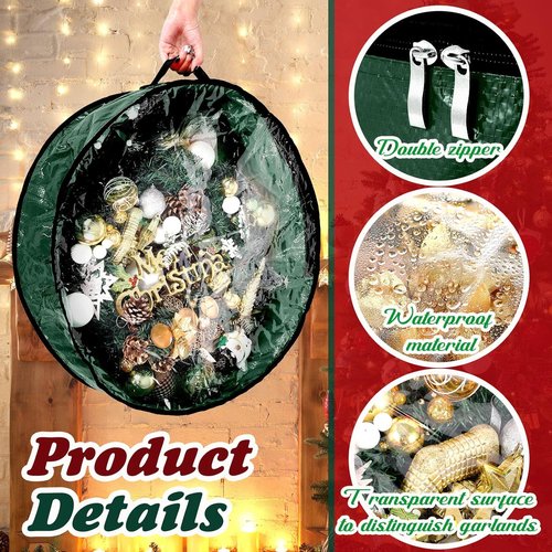 Dunzy Christmas Wreath Storage Bag - 8 Pieces Tear-Resistant Fabric with Clear Window | 24x24x7.8 Inch, Green