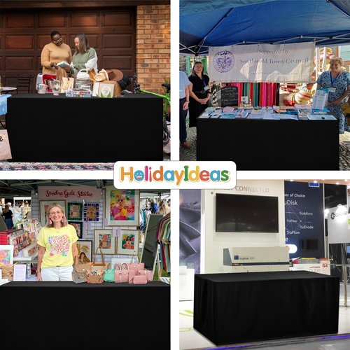 HolidayIdeas 4-Pack Open Back Table Cloths for 6 Foot Tables, Water Repellent Fitted Black Table Covers, 3-Sided Oxford Polyester Tablecloth for Vendor Booth, Craft Fairs, Registration Desk