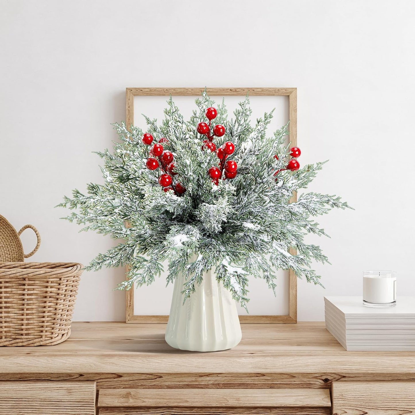 Skiennix 45 Pcs Artificial Christmas Snow Pine Branches - Snowy Faux Greenery with Red Berries for Home Decor