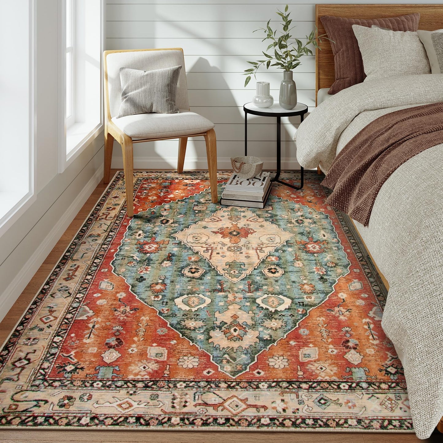 Lahome Boho Tribal 5x7 Washable Living Room Bedroom Rug, Oriental Soft Dining Room Rugs for Under Table, Large Distressed Printed Carpet for Entryway Kitchen Playroom (Rust/Dull Teal,5x7ft)