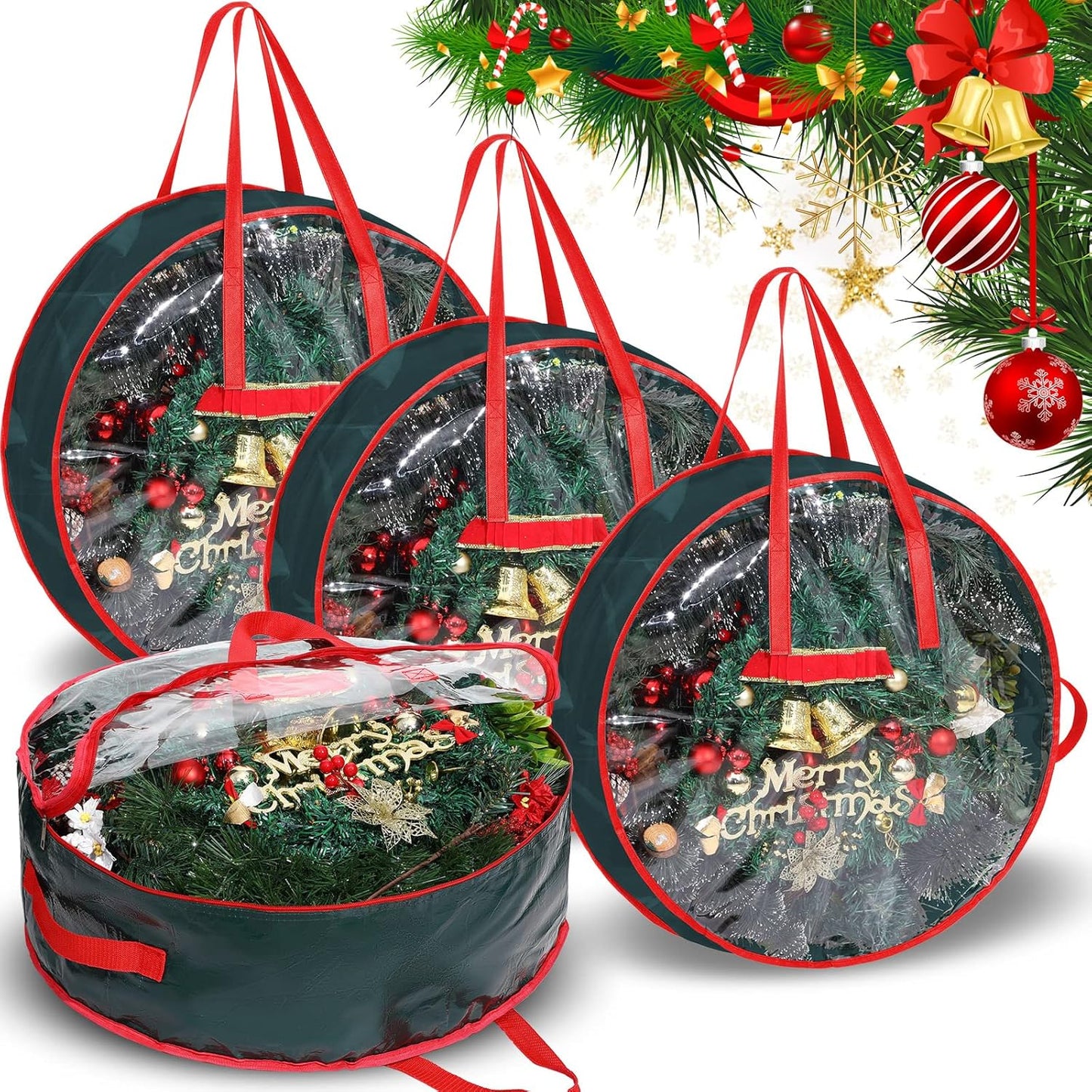 Shappy Christmas Wreath Storage Bag - 4 Pcs with Clear Window & Handles | Green, 30 x 7 Inch