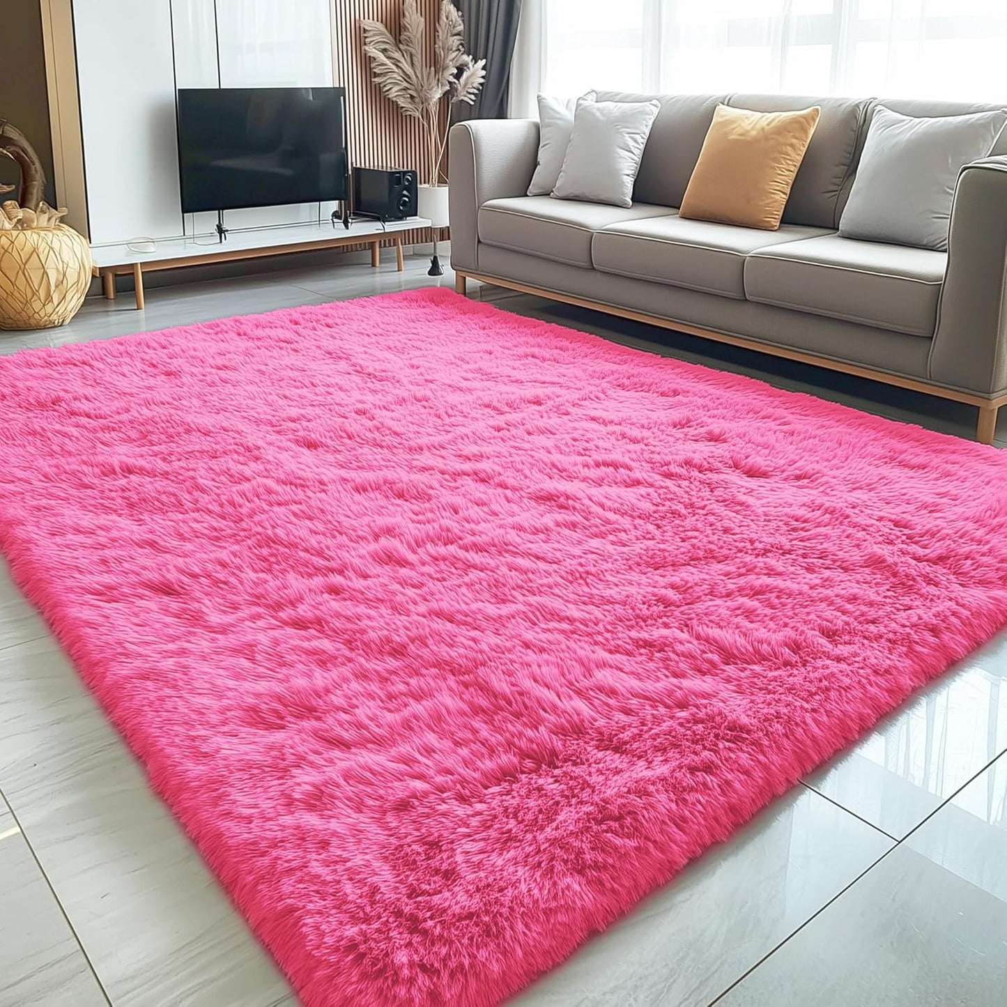 OLANLY Large 5x7 Machine Washable Area Rug - Soft Fluffy Shaggy Carpet for Kids & Home Decor | Hot Pink