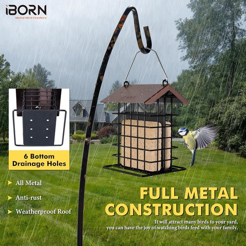 iBorn Suet Bird Feeder - Weatherproof Metal Roof & Squirrel Proof Hanger - 1 Pack, Coffee Color