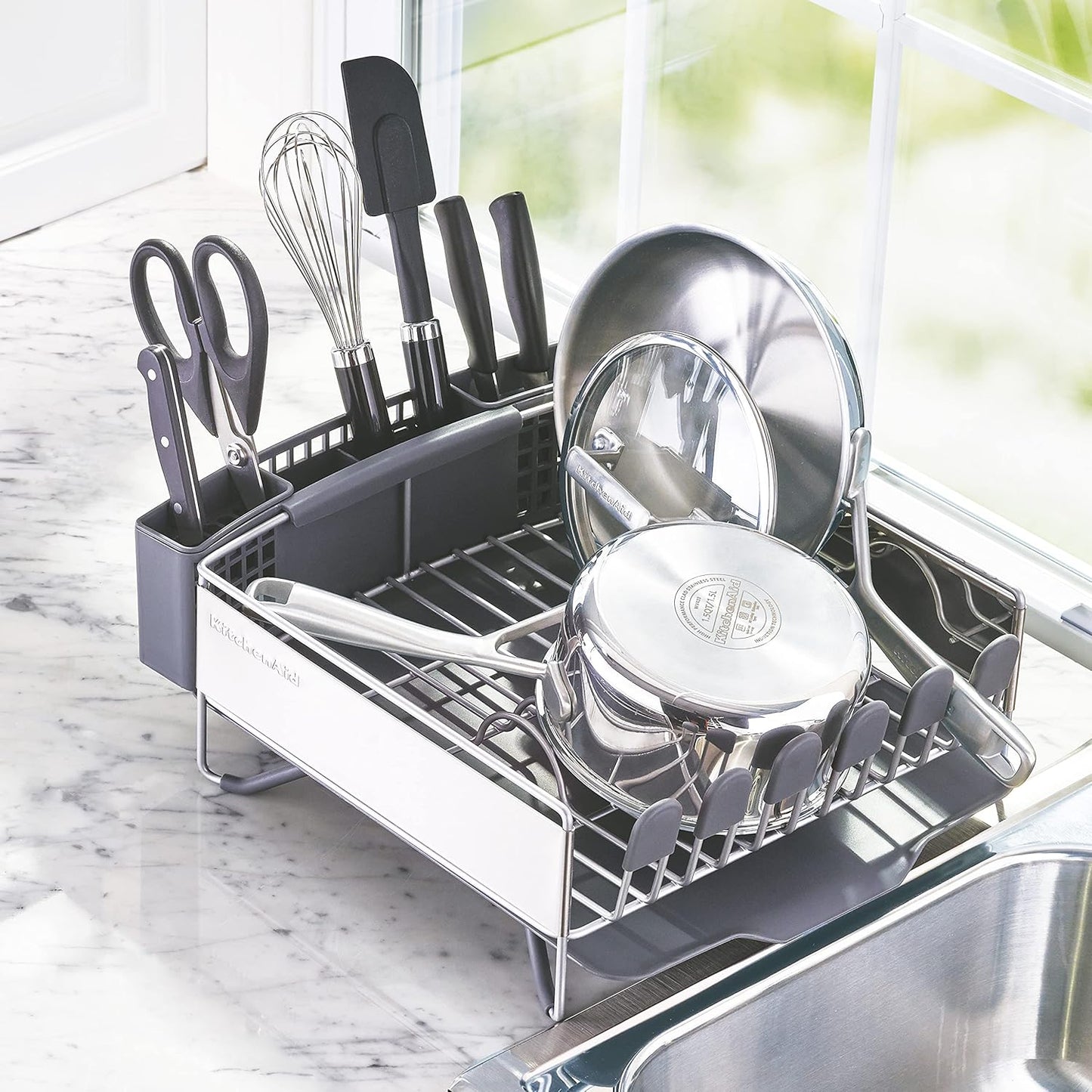 KitchenAid Compact Dish Rack - Space-Saving Design with Removable Flatware Caddy | Satin Gray, 15" x 13.25" (Pack of 2)