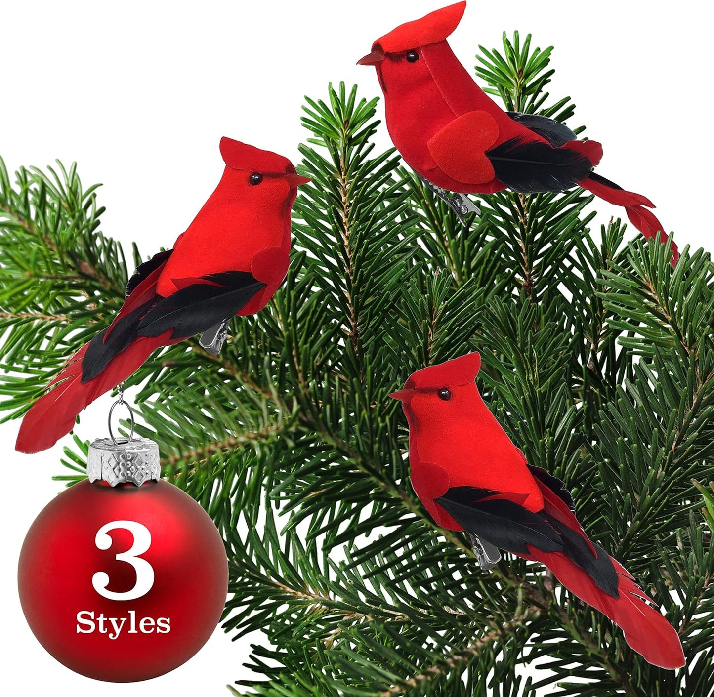 Red Cardinal Clip-On Christmas Tree Ornaments - Set of 12, 5" Long with Flocked Body & Feathered Wings