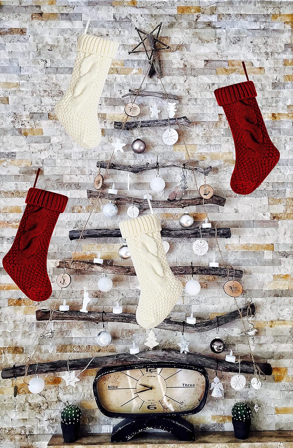 Burgundy & Ivory Knit Christmas Stockings - 14" - Set of 2 Holiday Decor