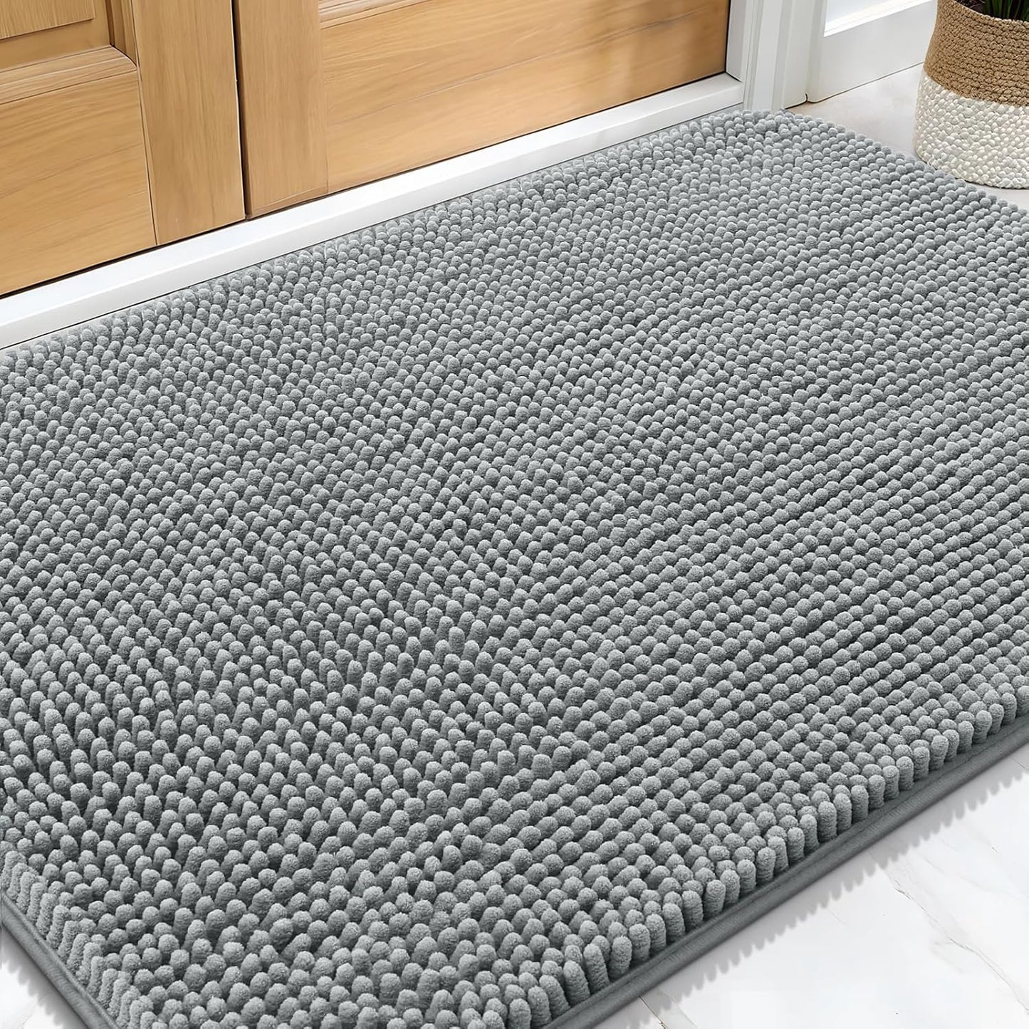 OLANLY Dog Door Mat - Absorbent Non-Slip Chenille Mat for Muddy Paws | 34x21 Inches, Grey