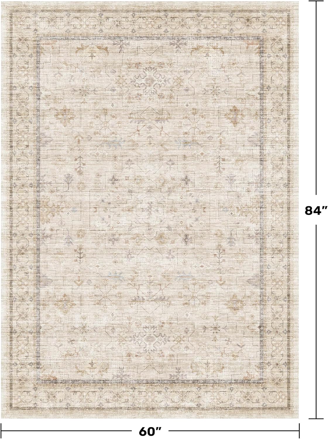 Skiennix Washable Ivory 5x7 Rug - Non-Slip Design for Bedroom & Home Office | Low Pile Farmhouse Style