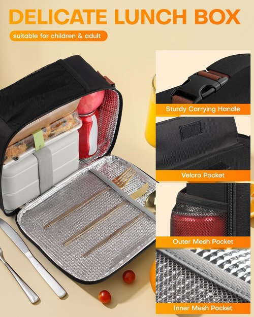 HOTOR Lunch Bag for Men & Women - Large Capacity Insulated Lunch Bag with Mutiple Pockets, Wear-Resistant Cooler Lunch Box for Office, Picnic, Black, 7L, 9.06" x 4.33" x 10.63"