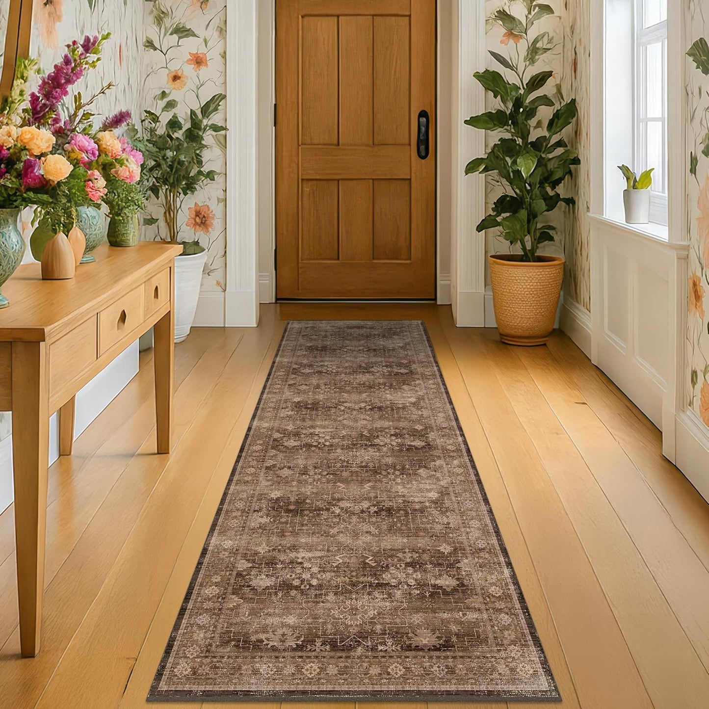 Skiennix Brown Boho Washable Runner Rug - Non-Slip, Stain Resistant, Soft Faux Wool | 2x6 ft for Hallway, Kitchen, Bedroom