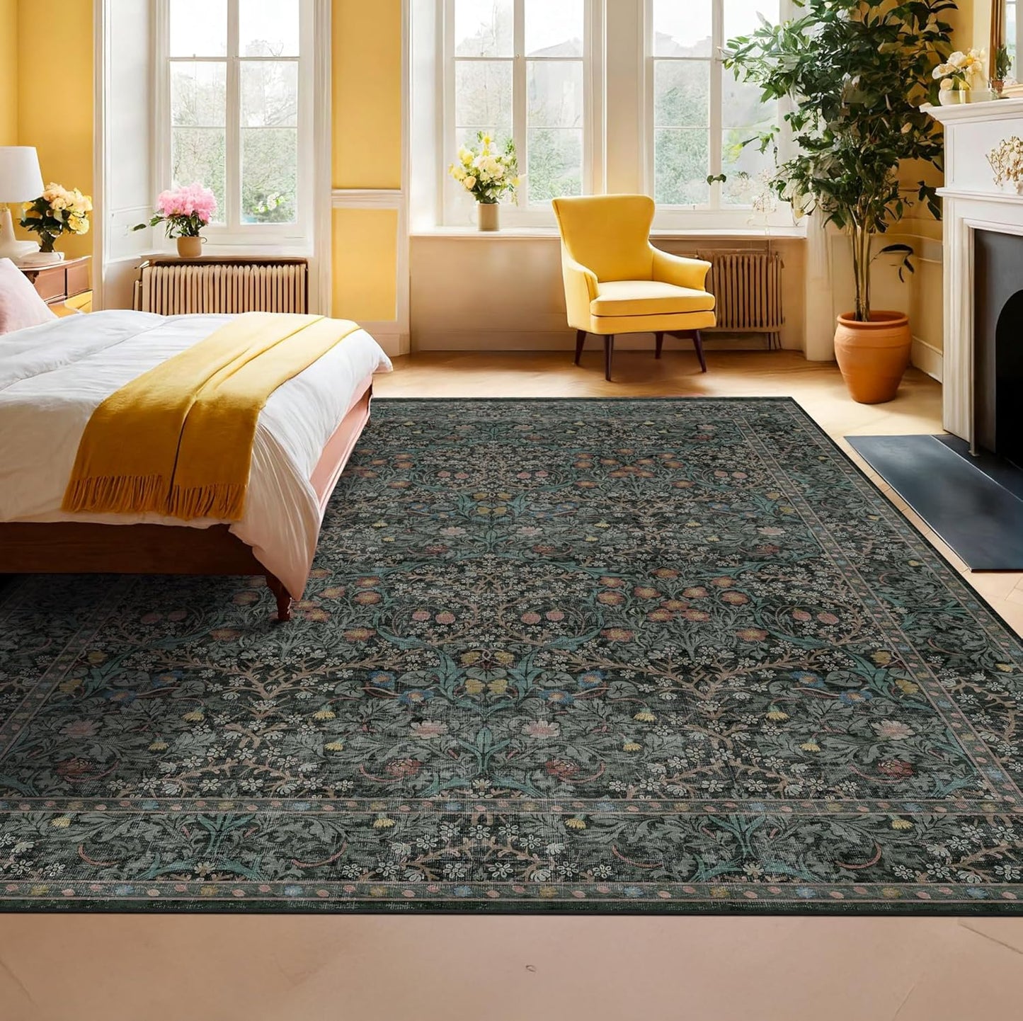 Skiennix Vintage Dark Green Area Rug - Washable 8x10 Stain Resistant Non-Slip Carpet for Living Room & Dining Room