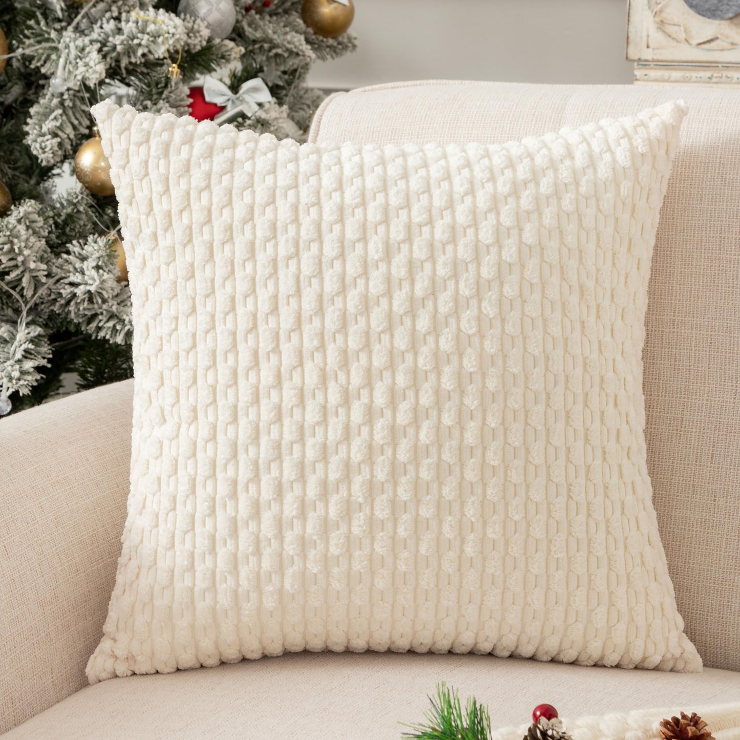 UGASA Soft Corduroy Decorative Pillow Cover 26x26 Inch Boho Striped Throw Pillow Cover Modern Home Decor for Sofa Living Room Couch Bed Cream White, 1 Piece