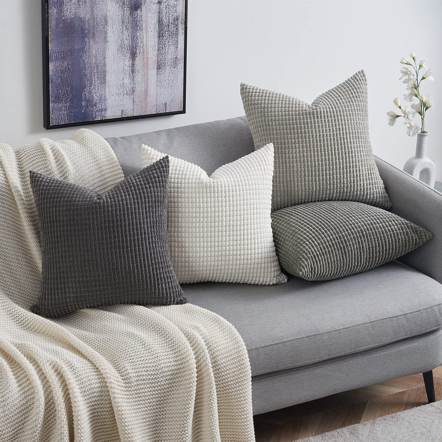 Topfinel 4 Packs Grey Decorative Throw Pillow Covers 24x24 Inch for Living Room Couch Bed Sofa, Boho Western Farmhouse Home Decor, Square Soft Moss Corduroy Fall Cushion Case 60x60 cm