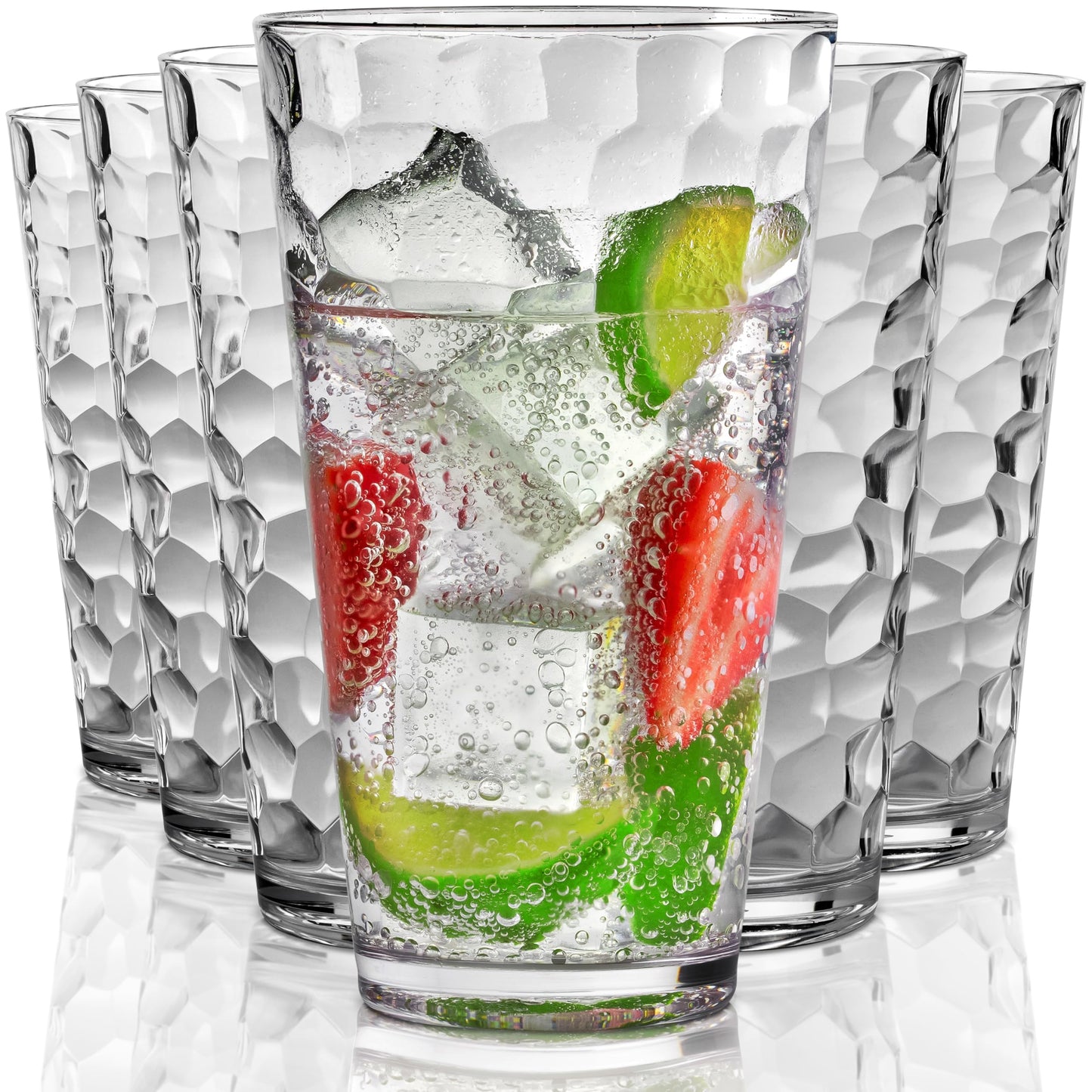 Bravario Hammered Plastic Drinking Glasses Set of 6-22 oz Clear Reusable Cups, Durable Dishwasher Safe Highball Tumblers, Stackable BPA & EA-Free
