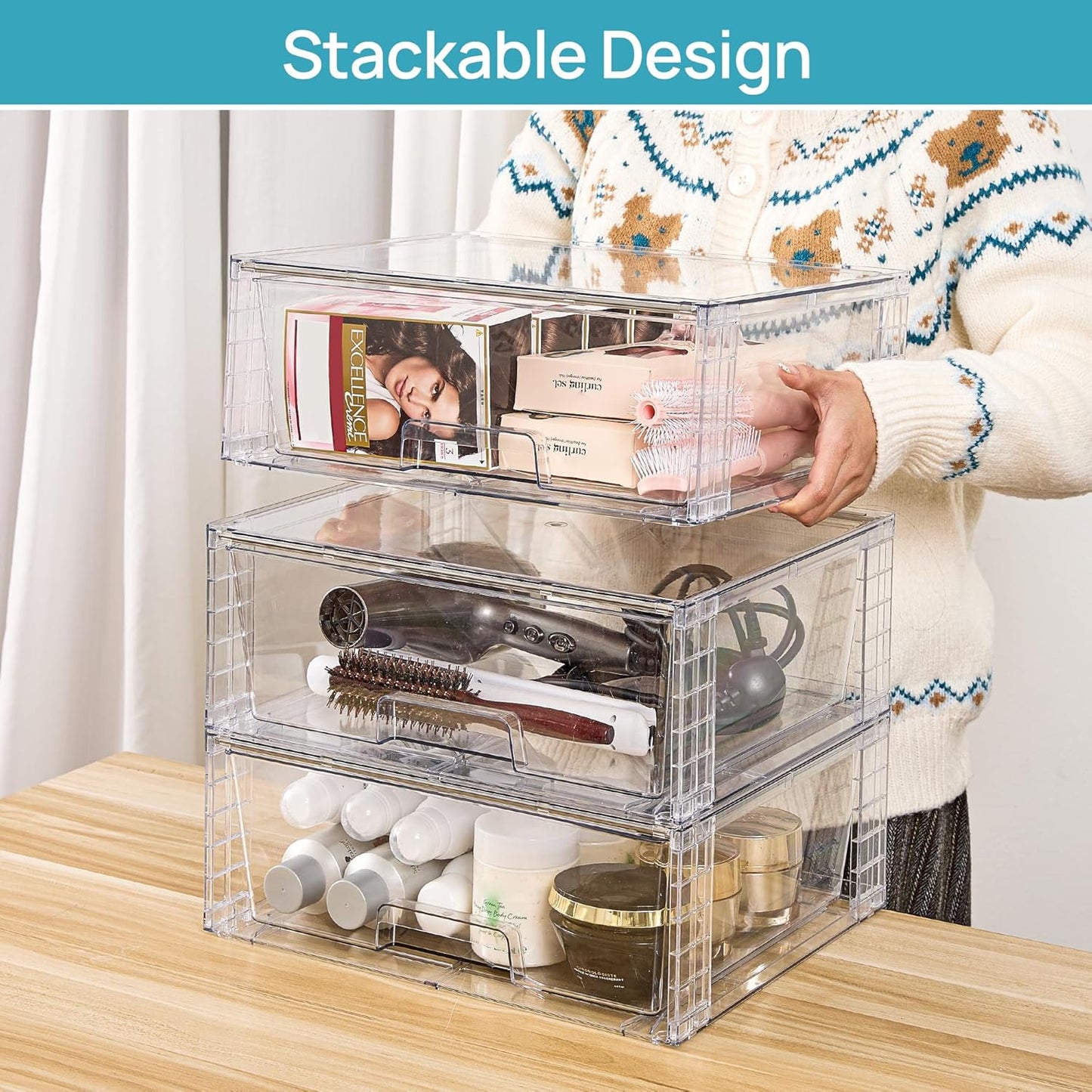 Vtopmart Large Stackable Storage Drawers - Clear Acrylic Organizers for Bathroom & Kitchen | 2 Pack
