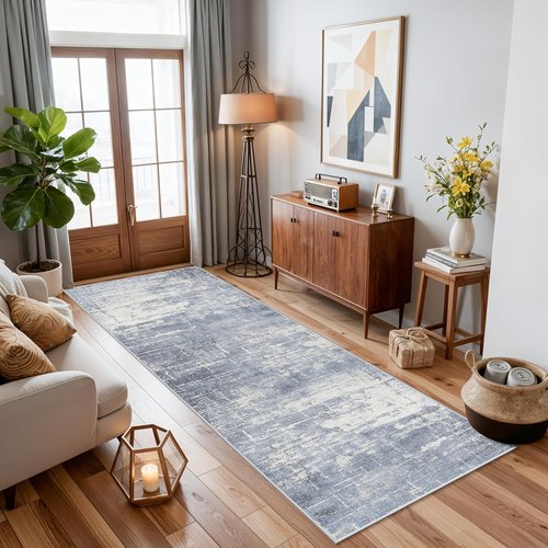 **Regine Switzerland Washable Runner Rug - Abstract Stain Resistant Design | 2x8 ft, Blue/Ivory**